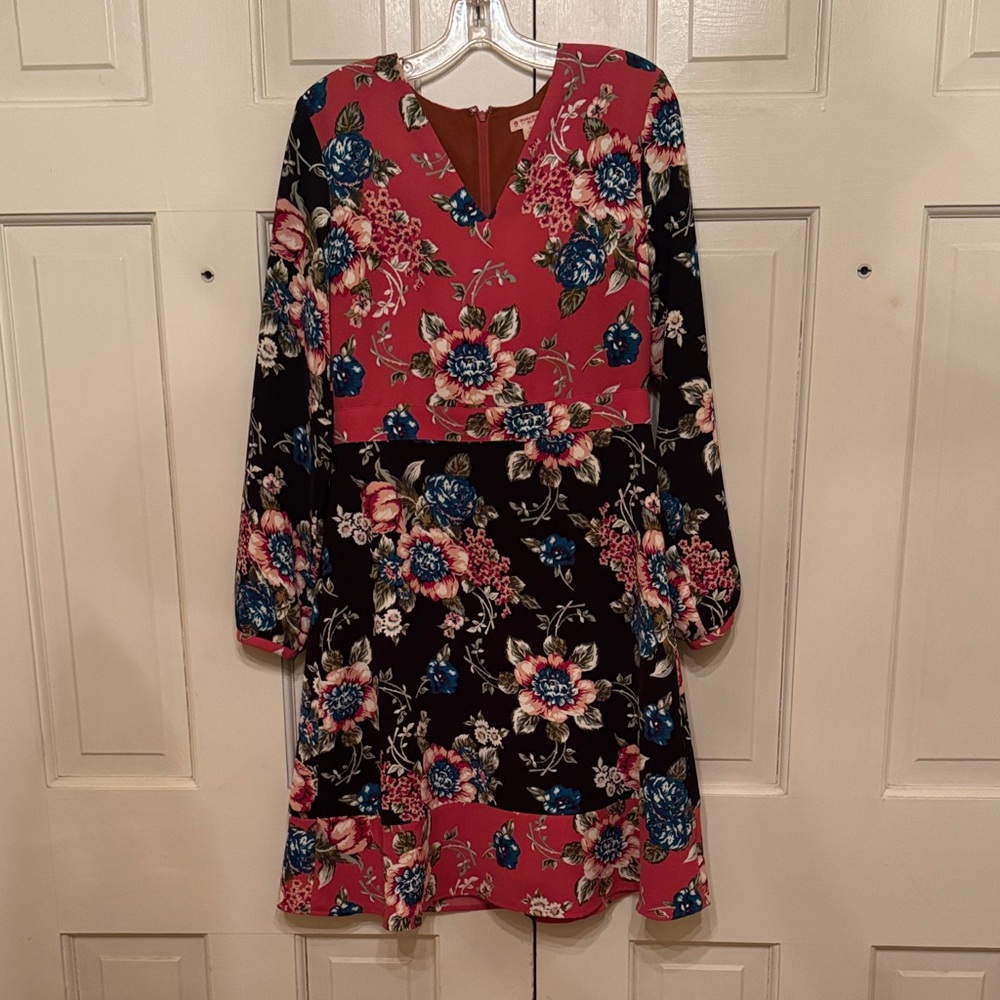 Brooks Brothers Red Fleece Burnt Orange & Black Floral Long Sleeve A-Line Dress